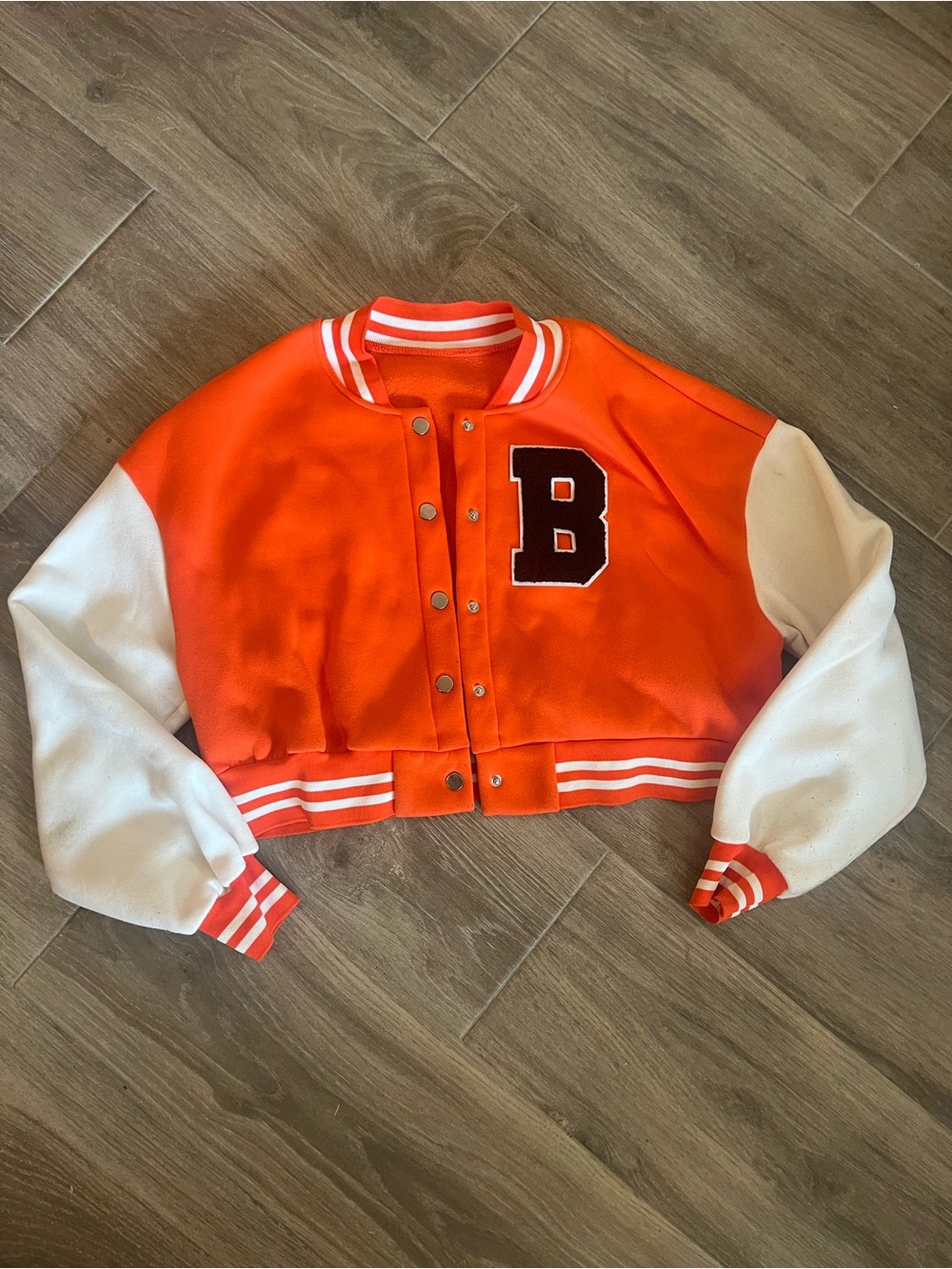 SHEIN Orange and White Cropped Varsity Bomber Sweater